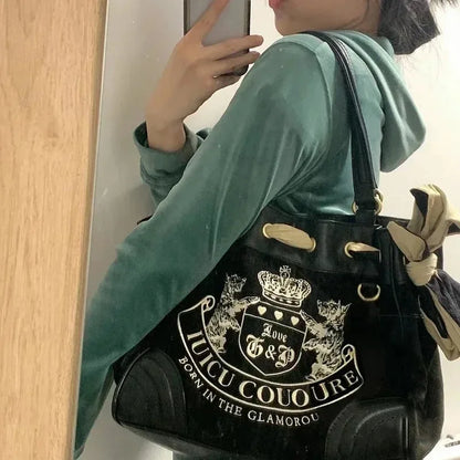 Y2K Ladies Large-Capacity Tote Bag Women Embroidery Velvet Vintage Retro Chic Handbags Girl Shopping Shoulder Bag Women's Purses