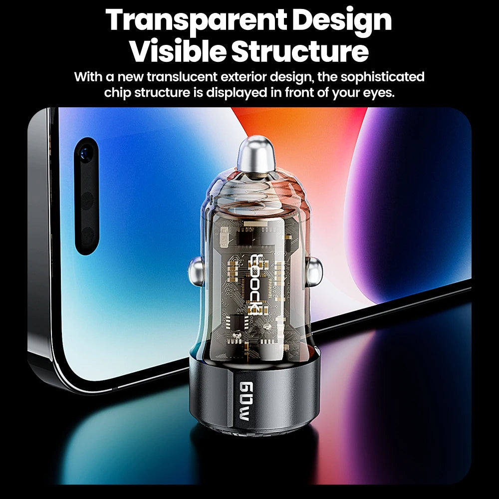 Toocki Transparent USB Type C Car Charger PD QC 3.0 Fast Charging 60W USB C Car Mobile Phone Charger Adapter For iphone Android