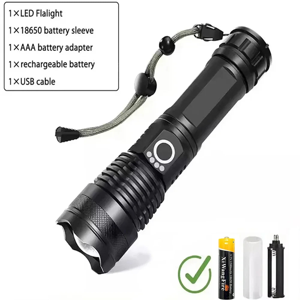 90000LM High Power XHP50 Led Flashlight Rechargeable Torch Zoom Usb Hand Lantern Camping Outdoor Waterproof Emergency