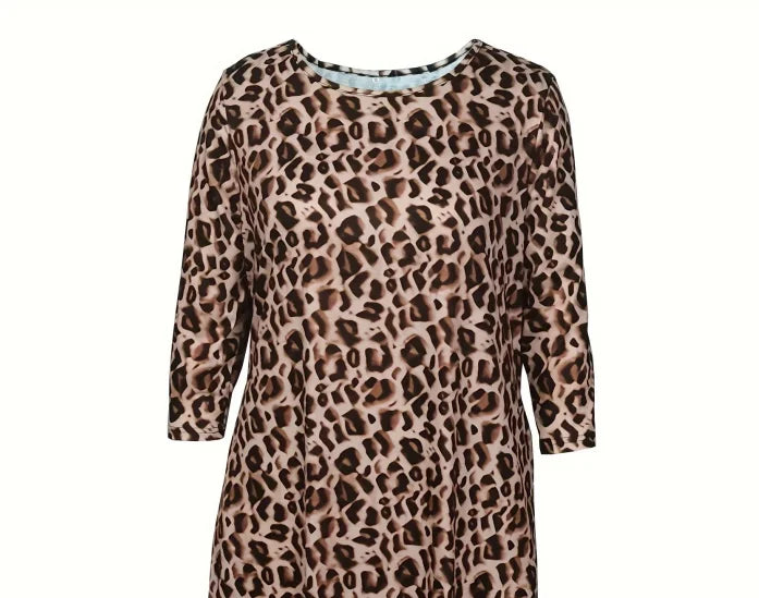 Light Brown Leopard Print Midi Dress for Women Half Sleeve Loose Fit Flowy Dress with Pockets Casual Daily Holiday Dress
