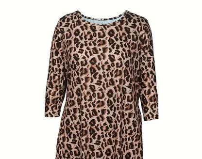 Light Brown Leopard Print Midi Dress for Women Half Sleeve Loose Fit Flowy Dress with Pockets Casual Daily Holiday Dress