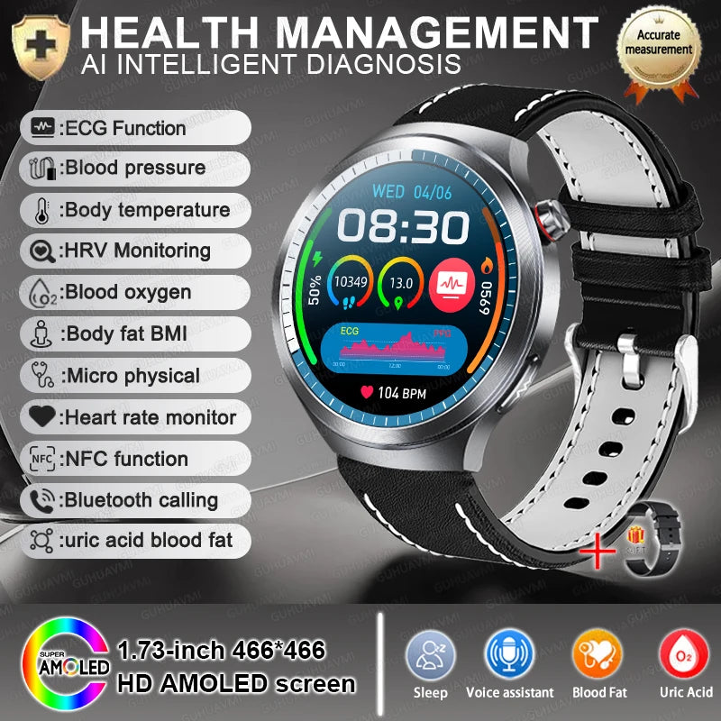 2026New 1.73-inch Sapphire AMOLED Smart Watch Men Women ECG Uric Acid Blood Pressure Health Track Call Clock Care Smartwatch NFC