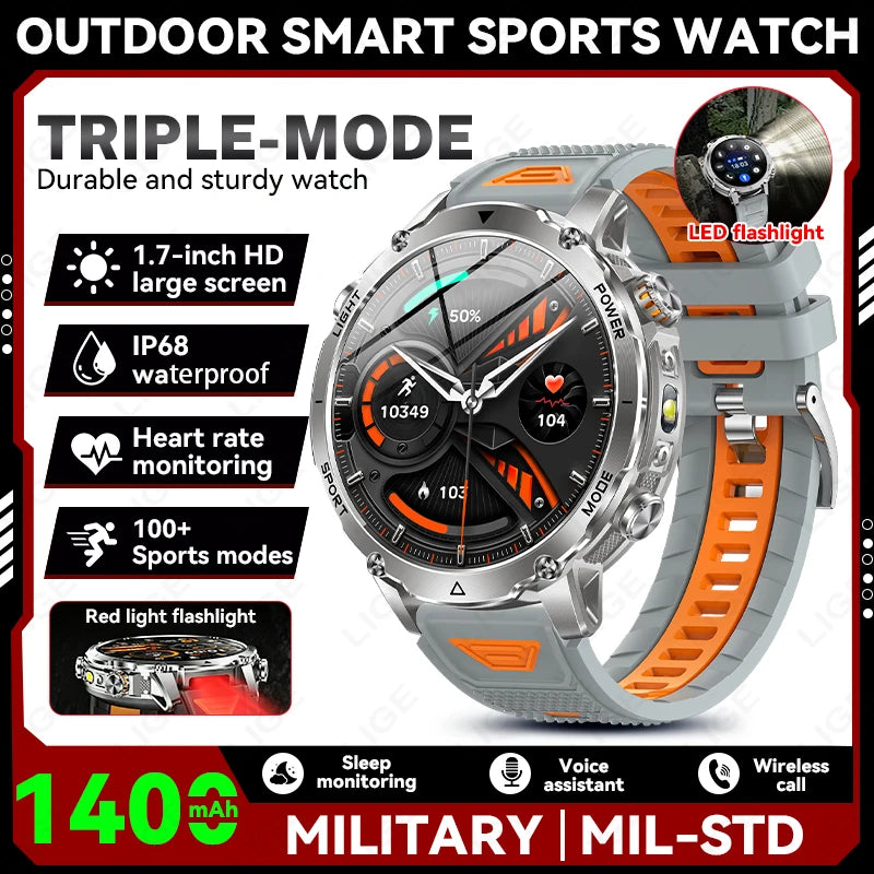 Smartwatch LIGE 2026 wojskowy, bateria 1400mAh, dla mężczyzn, latarka zewnętrzna, wodoodporność IP68, pulsometr, połączenia Bluetooth, bransoletka sportowa