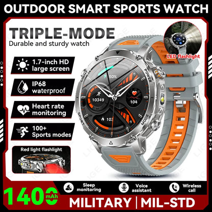 Smartwatch LIGE 2026 wojskowy, bateria 1400mAh, dla mężczyzn, latarka zewnętrzna, wodoodporność IP68, pulsometr, połączenia Bluetooth, bransoletka sportowa