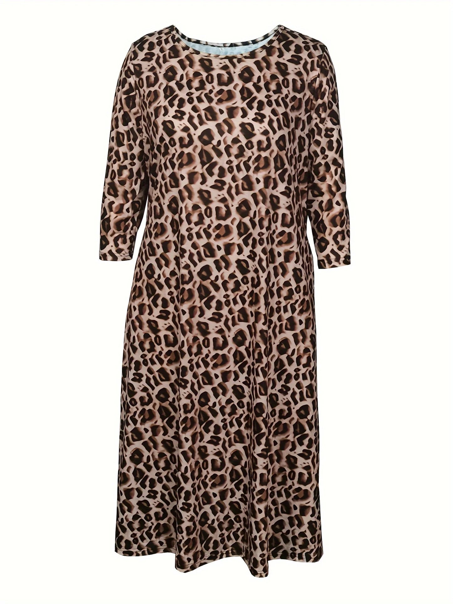 Light Brown Leopard Print Midi Dress for Women Half Sleeve Loose Fit Flowy Dress with Pockets Casual Daily Holiday Dress