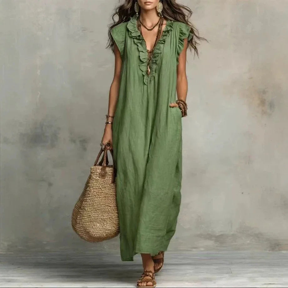 2026 Summer Women Boho Cotton Linen Maxi Dress Solid Color Ruffle V Neck Sleeveless Loose Long Dresses With Pockets Casual Beach