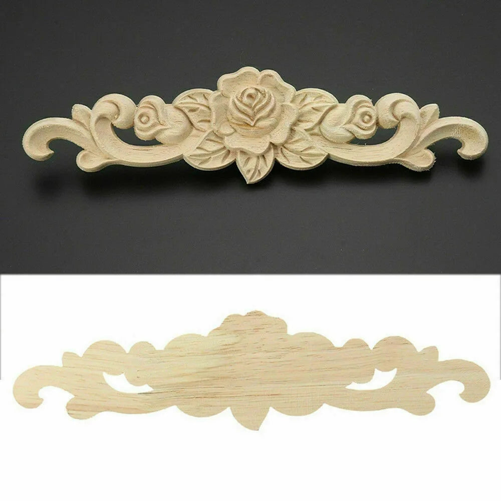 Natural Floral Wooden Carved Applique Wooden Figurines Crafts Corner Frame Appliques Frame Wall Door Furniture Woodcarving Decor