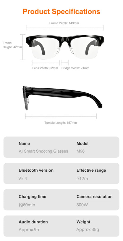 Semi-frame 1200W Pixel Camera Glasses with AI Voice Translation Smart Bluetooth Features Includes 3 Lense Travel Office