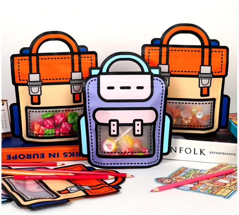 10-50 PCS Cartoon Self-Sealing Snack Bags Schoolbag Shape Biscuit Candy Handbags Children's Day Kids Birthday Gift Packaging Bag