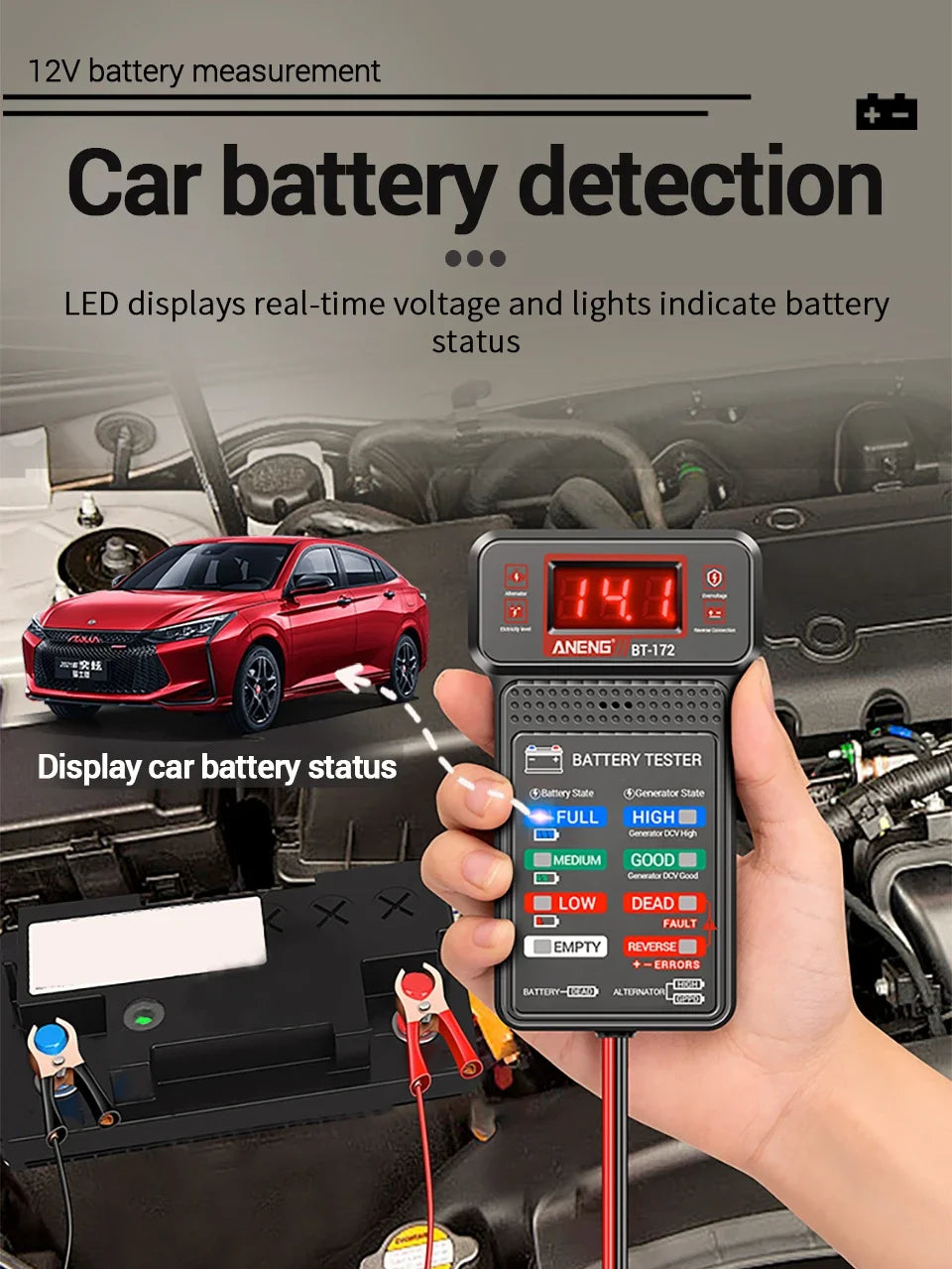 Car Battery Load Tester ANENG BT-172 Voltage Meter Gauge Digital Display Car Battery Monitor Amp Meter with Alligator Clips Tool