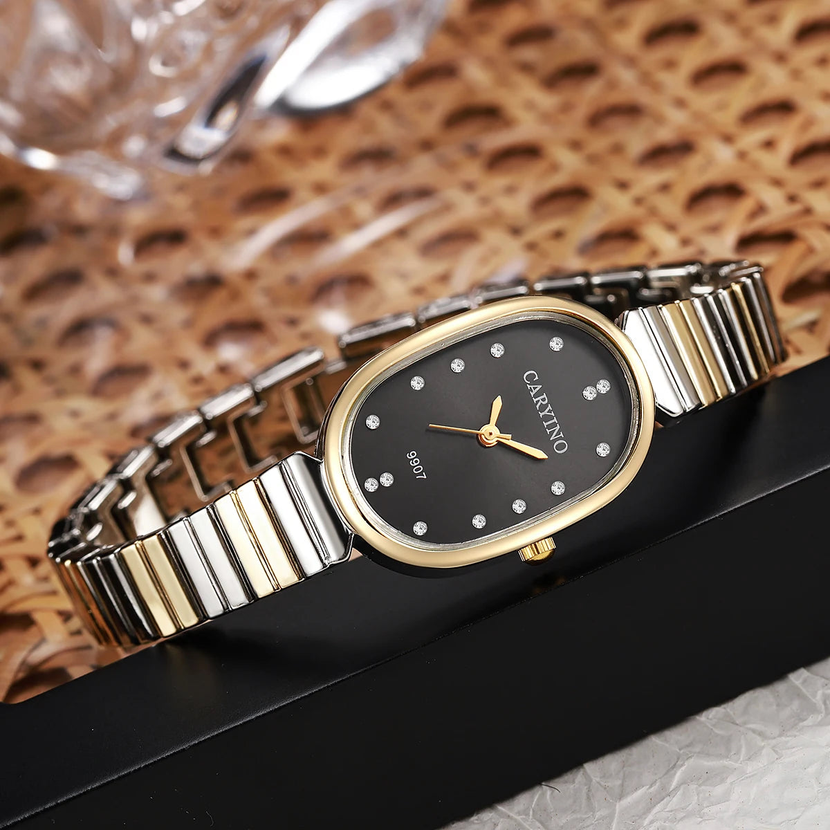 Elegant Two-Tone Watch & Jewelry Set - Oval Black Dial Watch, Crystal Stackable Bracelets & Emerald Accent Ring, Sophisticated L