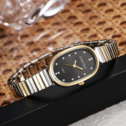 Elegant Two-Tone Watch & Jewelry Set - Oval Black Dial Watch, Crystal Stackable Bracelets & Emerald Accent Ring, Sophisticated L