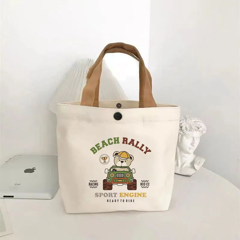 Little Bear Canvas Bag, Female Printed Versatile, Student Portable, Office Handbag, Bento Bag, Handbag, Sail Bag