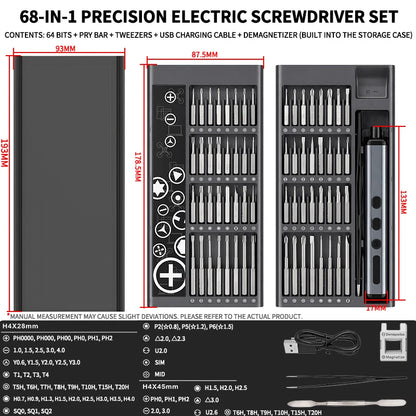 68 in 1 Rechargeable Electric Screwdriver Set Portable Magnetic Screwdriver Bits for iPhone PC Watch Electronic Repair Tool