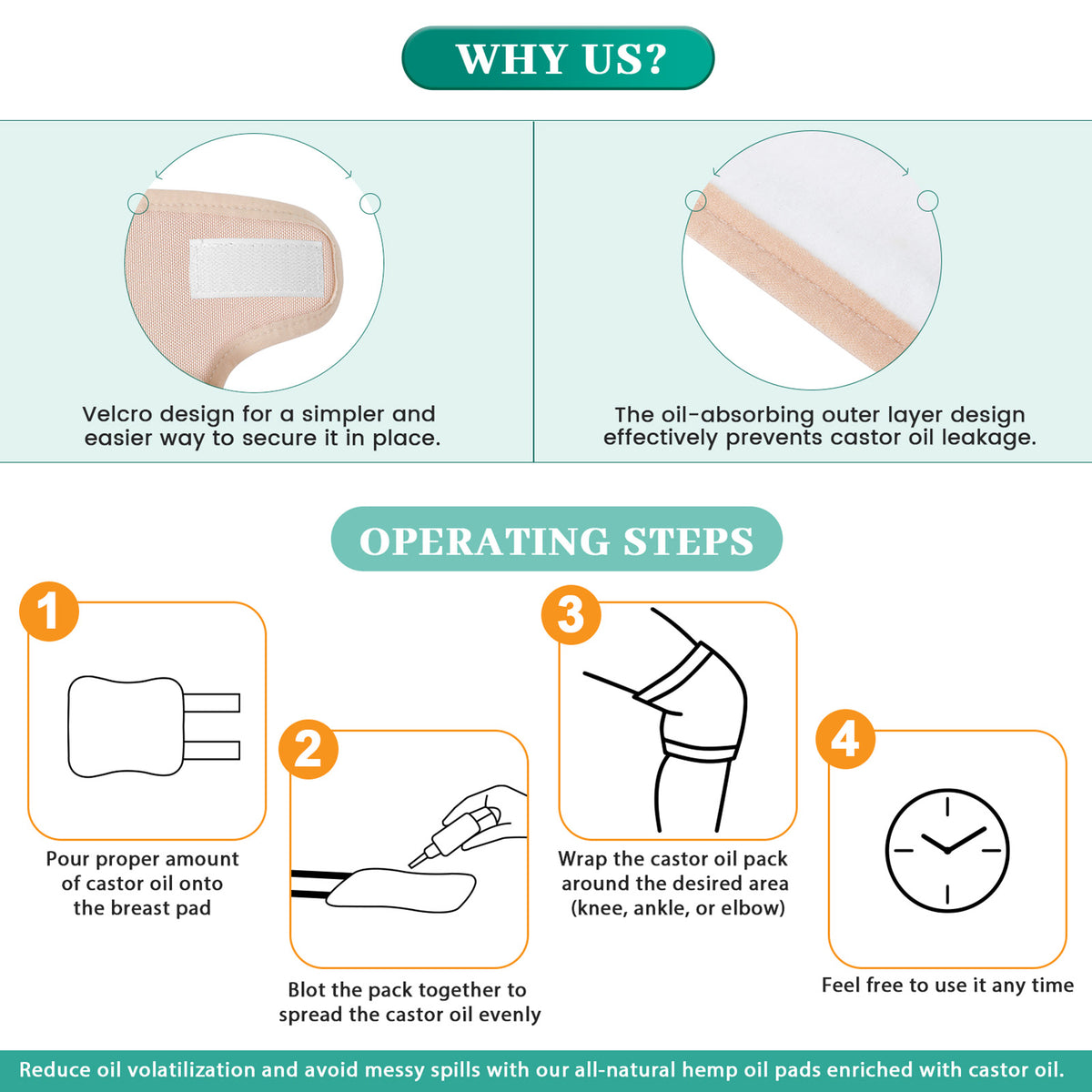 Reusable Castor Oil Pack Organic Knee Pain Compress Wrap Adjustable Pad Self Conditioning Aid Liver Abdomen Muscles Kidneys
