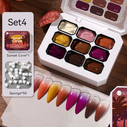 UR SUGAR 9 Colors Gradient Painting Gel Palette with 50pcs Mini Sponge Set French Ombre Gel Nail Polish for Pigmented Manicure