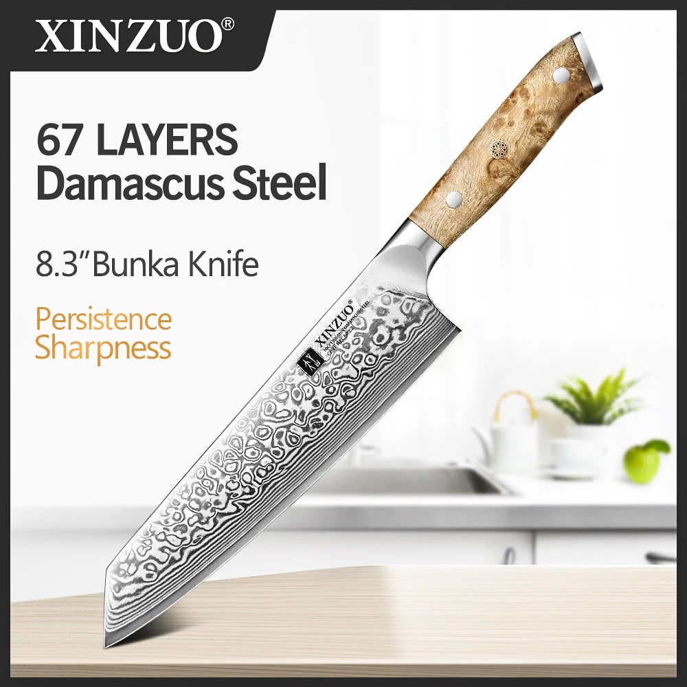XINZUO Bunka Knife 8.3 Inches 67 Layers Damascus Steel Handcrafted Kitchen Tool Figured Sycamore Wood Handle High-end Gifts