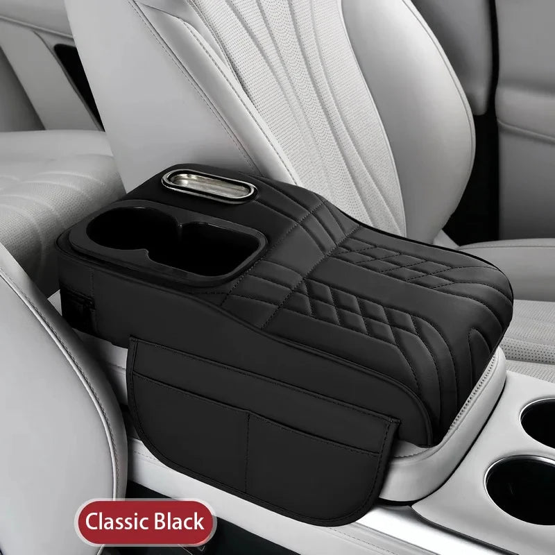 Car Center Console Organizer Non - Slip Leather Armrest Cushion with Side Pocket Tissue Box Cup Holder Black