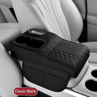 Car Center Console Organizer Non - Slip Leather Armrest Cushion with Side Pocket Tissue Box Cup Holder Black