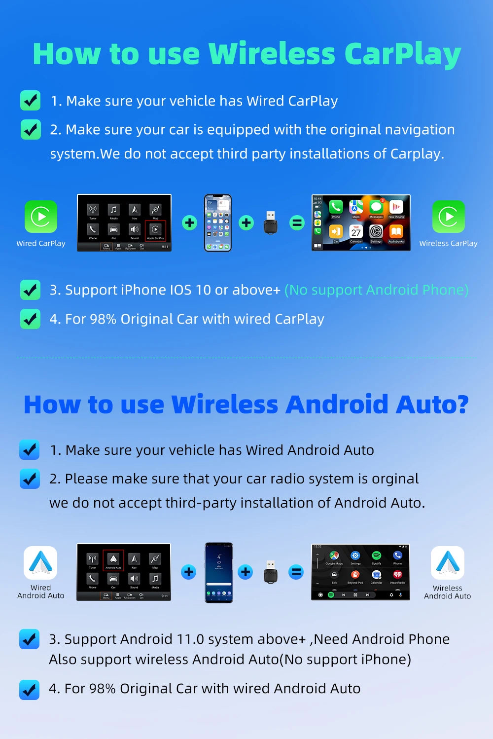 2 in 1 Wired to Wireless Car CarPlay Adapter Android Auto AI Box Plug & Used for OEM Wired CarPlay AA Navigation System