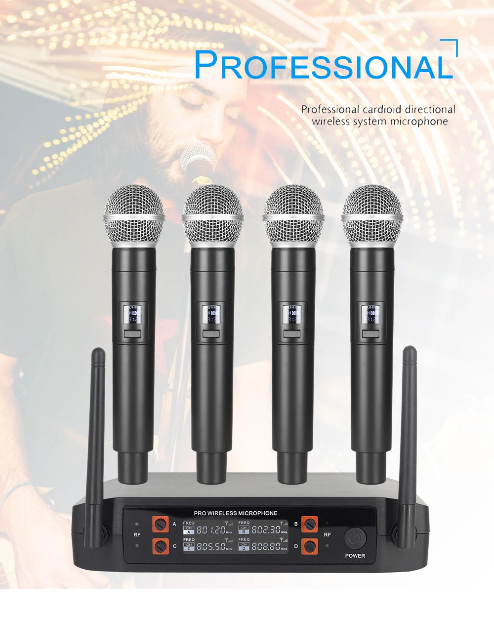 Wireless Microphone Handheld 4 Channel UHF Fixed Frequency Dynamic Microphone For Karaoke Wedding Party Band Church Performance