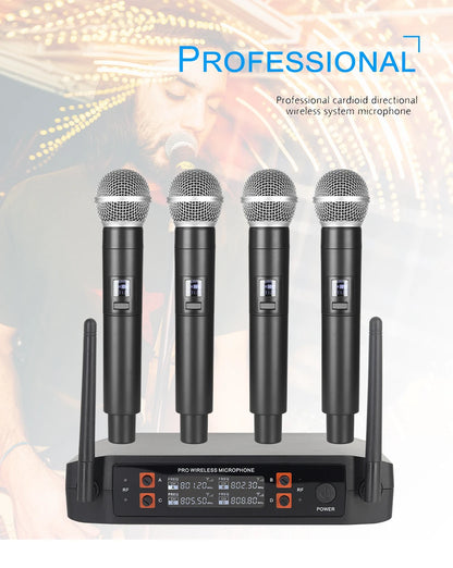 Wireless Microphone Handheld 4 Channel UHF Fixed Frequency Dynamic Microphone For Karaoke Wedding Party Band Church Performance