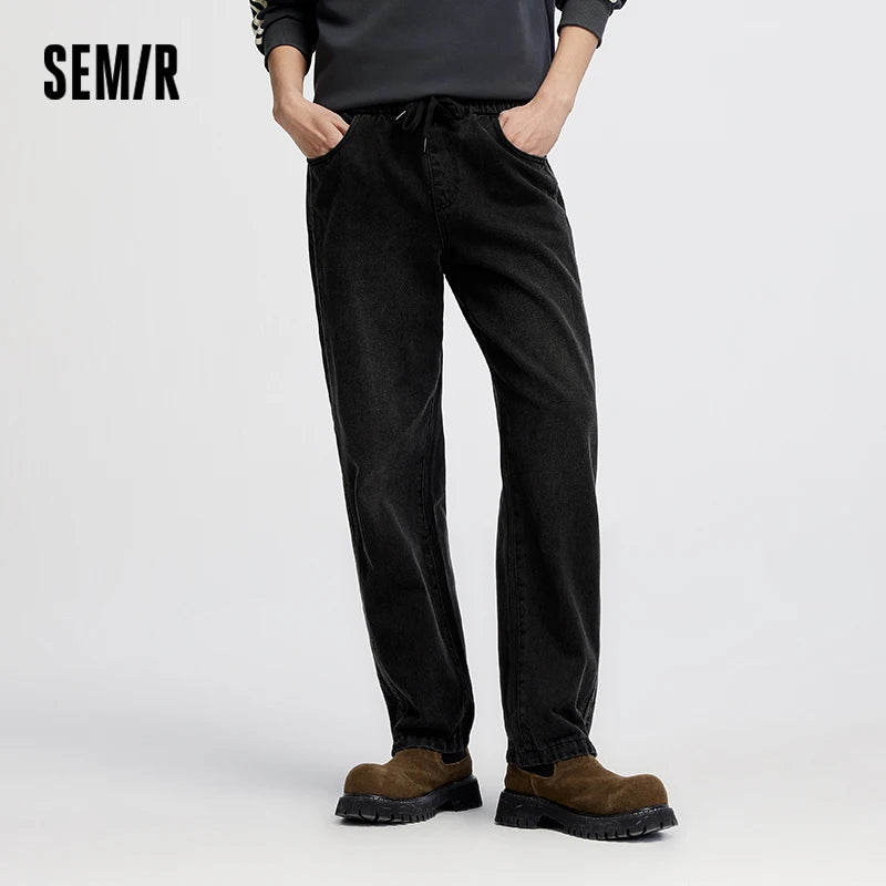 Semir Men Jeans Retro Wide Straight Side Stripe Elastic Waist 2026 Autumn Soft Denim Pants Casual Street Style Daily Wear