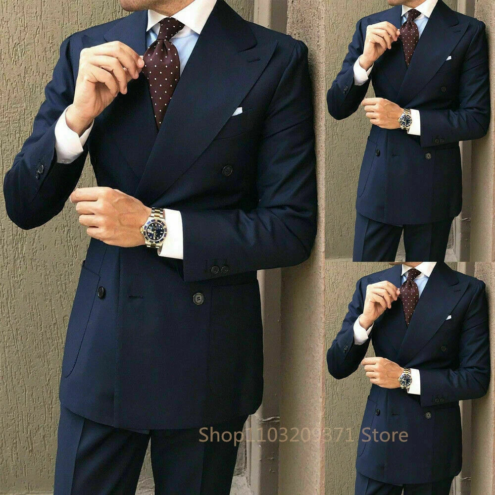 Navy blue Suit Set Fashion Buttons Pockets Blazer Men Business Suit Set Formal Turndown Collar Suit for Dating Groom Formal