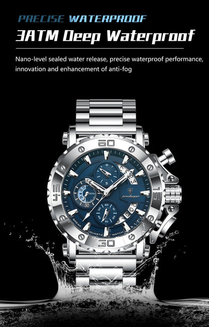 POEDAGAR Top Business Men's Wristwatch Luminous Waterproof Man Clock Chronograph Calendar Stainless Steel Quartz Watches For Men