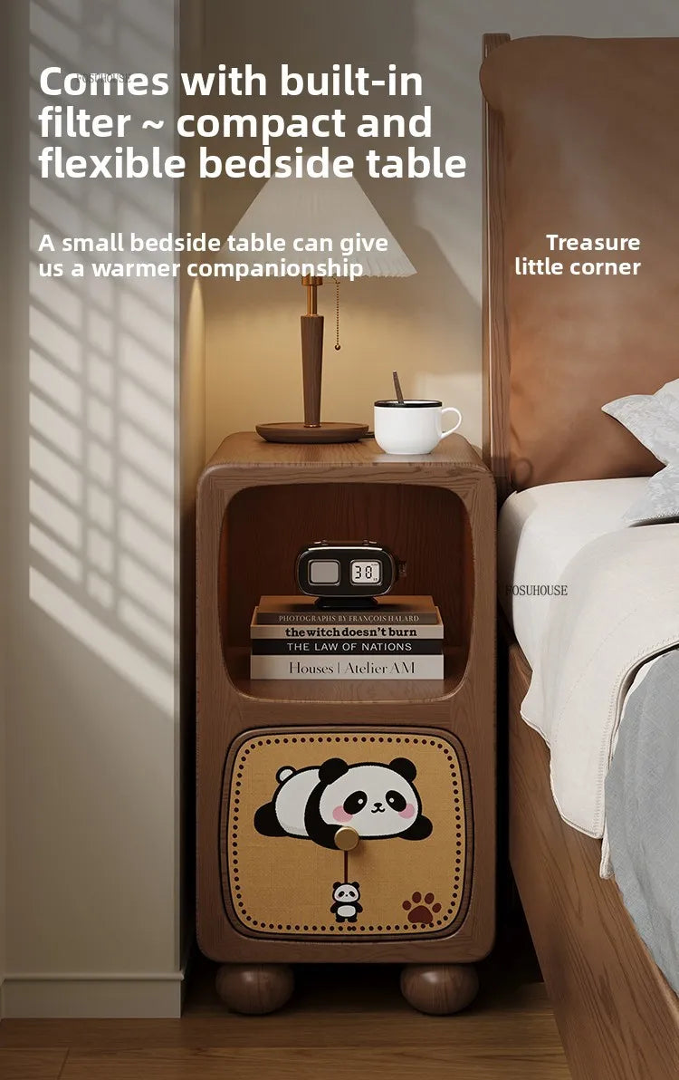 Cartoon Panda Solid Wood Children's Nightstands for Home Child's Bedside Tables Narrow Kid's Bedside Cabinets Children Furniture