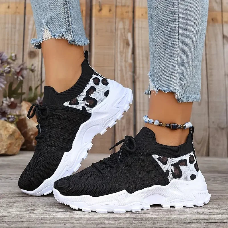 Leopard Print Knit Women's Sneakers Breathable Mesh Lace Up Casual Walking Shoes Non-Slip Thick Sole Fashion Sport Trainers for