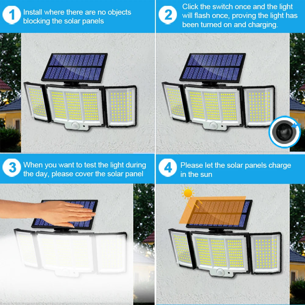 Solar Lights Outdoor 348LED 3 Heads Waterproof Solar Powered Security Flood Lights Motion Sensor Outdoor Lights For Garden