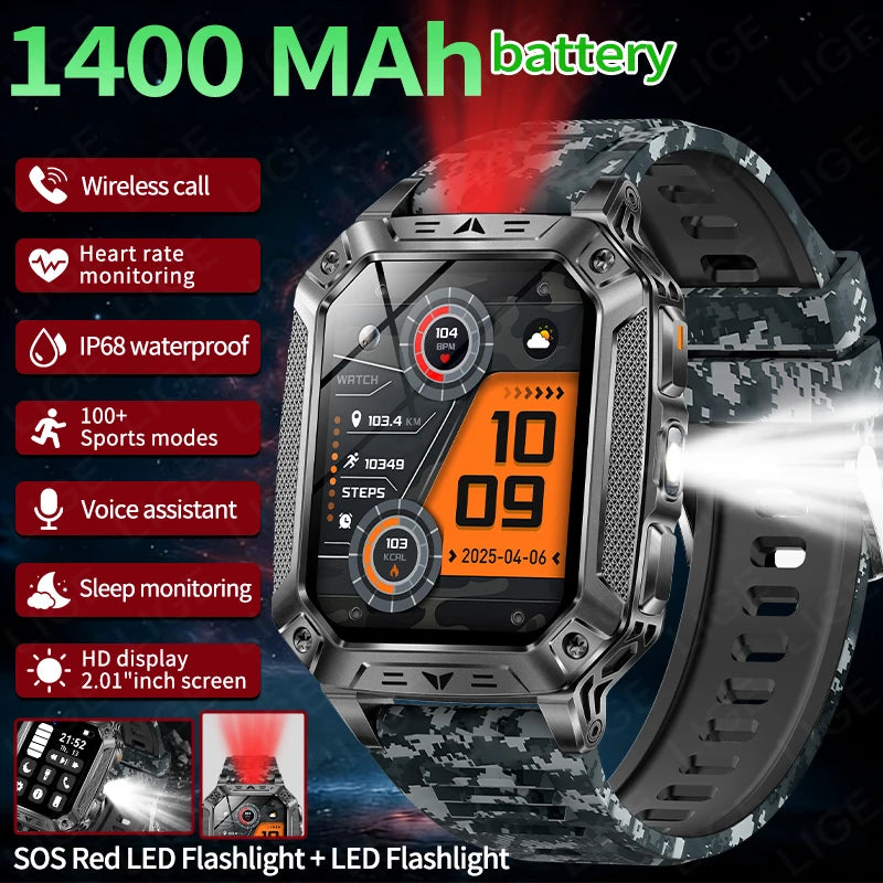 LIGE Wojskowy Inteligentny Zegarek 2.01'' Ekran HD Outdoor Sportowy Męski Zegarek SOS Czerwony Alarm Migająca Latarka Monitor Zdrowia Smartwatch