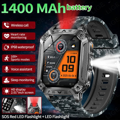 LIGE Wojskowy Inteligentny Zegarek 2.01'' Ekran HD Outdoor Sportowy Męski Zegarek SOS Czerwony Alarm Migająca Latarka Monitor Zdrowia Smartwatch