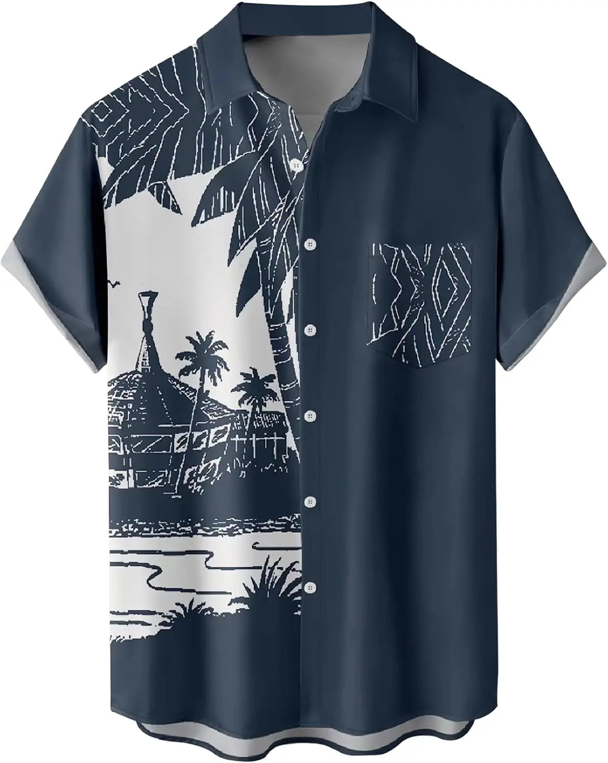 Summer Men's Gradient Sketch Coconut Tree 3D Printed Shirt, Vintage Hawaiian Tropical Quick Drying Loose Shirt