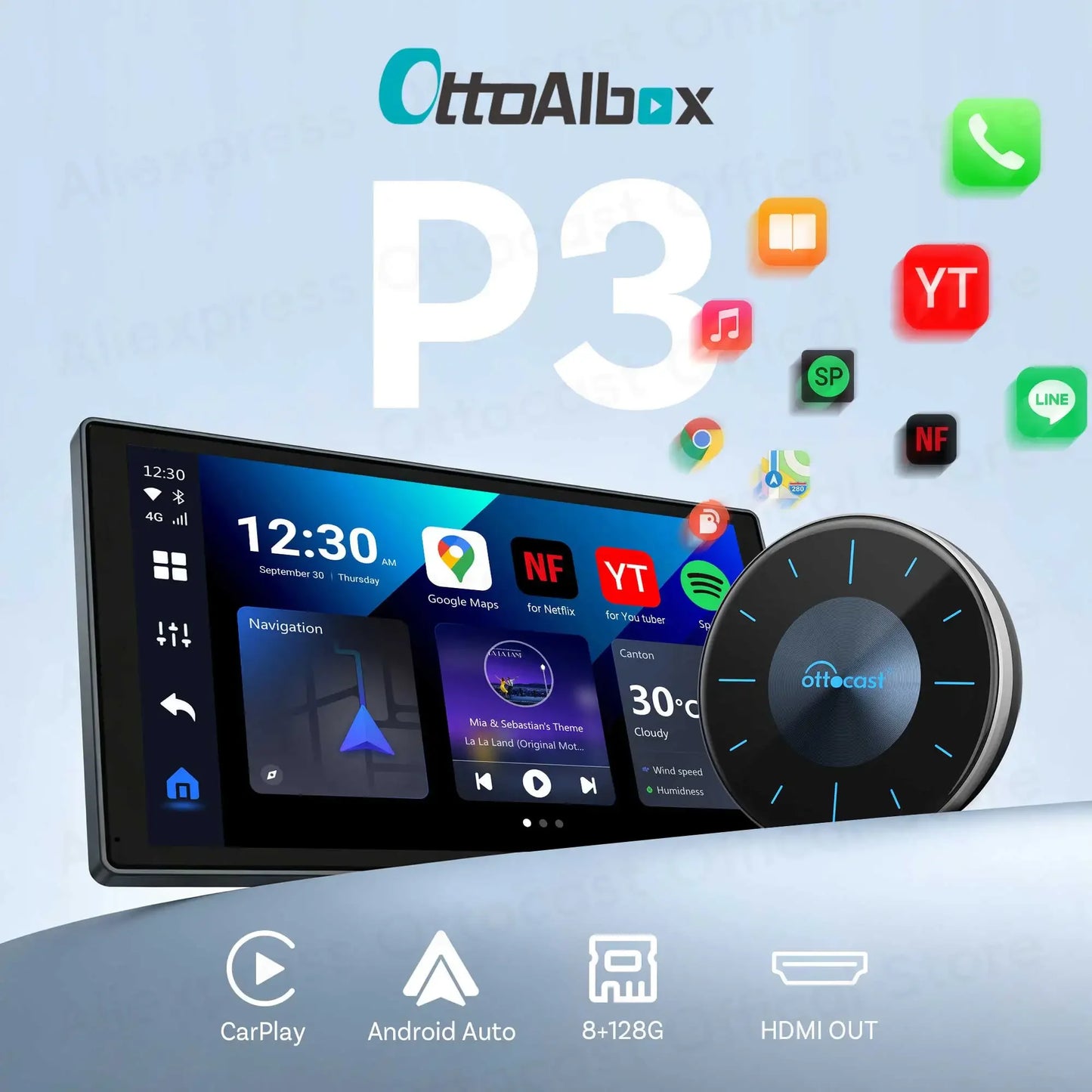 OTTOCAST P3 AI Box Android TV Box for HDMI out Wireless CarPlay Android Auto Car Accessories for Toyota VW Honda Kia Benz Nissan