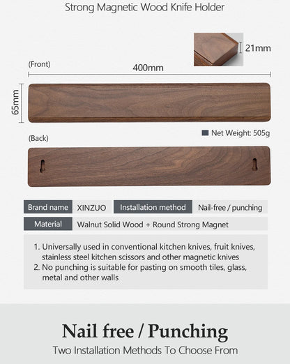 XINZUO 40cm Walnut Solid Wood Magnetic Knife Holder Double Row Strong Magnetic Force No Nails/ Punching Kitchen Accessories
