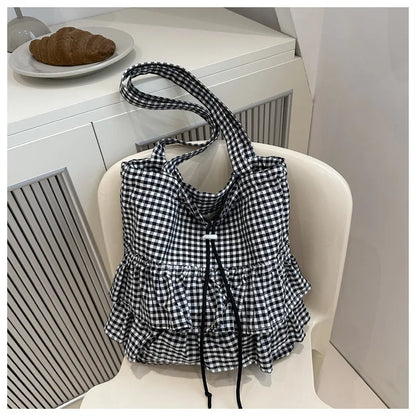 Cute Plaid Cotton Tote Bag Large Capaci Lace Trim Women's Summer 2026 Simple Lady Handbag Soft Shoulder Bags Bolsa Feminina
