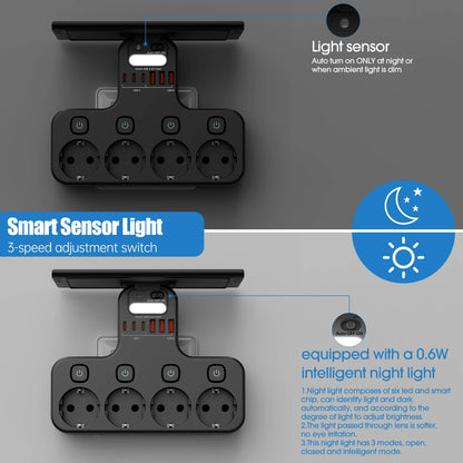 4000W Eu Plug Power Strip Multifunction Socket Smart Night Light Independent Switch European Standard Outlet with USB C Ports
