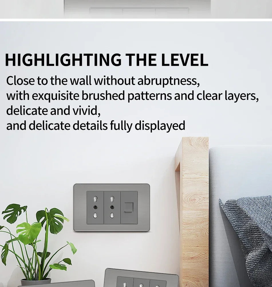 118 US Mexico Grey Stainless Steel Brushed 2way Electrical Light Switch Home Wall Socket Plug Double USB Type-C Power Outlet