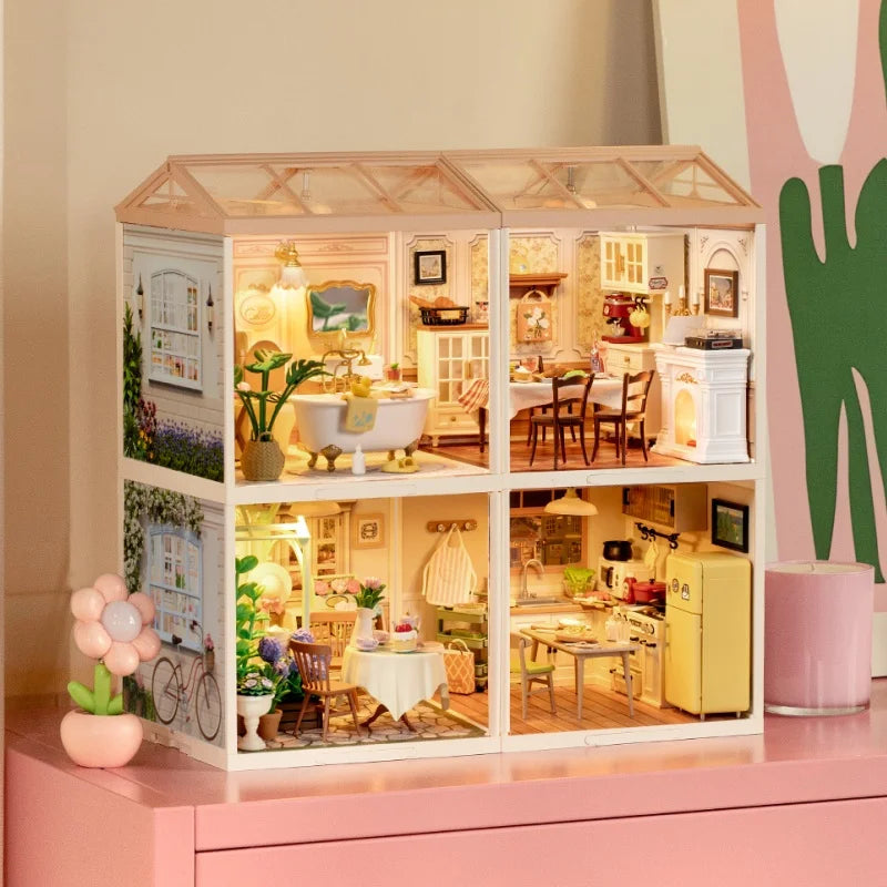 Robotime DIY Miniature Dollhouse Kit Home Garden Series Building Kits with LED Xmas Gifts for Adult Warm Dining Room