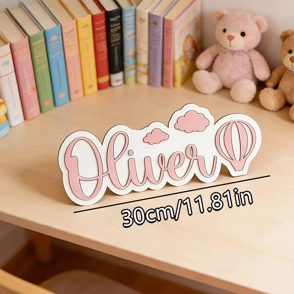 Custom Name Hot Air Balloon Cloud 3D Wooden Name Sign, Personalized Girl Nursery Wall Plaque, Kids Bedroom Table Decor