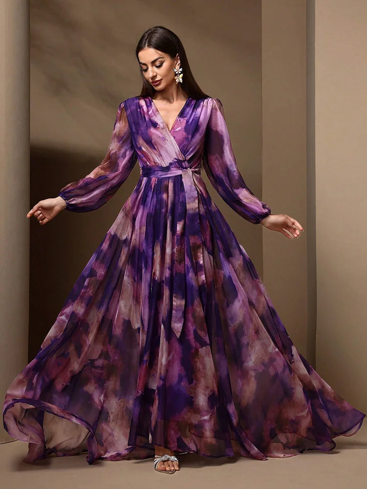 TOLEEN 2024 New Casual Elegant Mesh Party Maxi Dresses Summer Women's V-Neck Cross Wrap Elegant Long Sleeve Random Print Dress