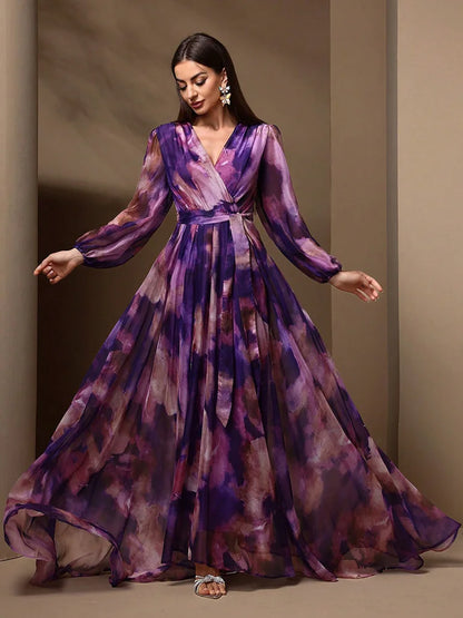 TOLEEN 2024 New Casual Elegant Mesh Party Maxi Dresses Summer Women's V-Neck Cross Wrap Elegant Long Sleeve Random Print Dress
