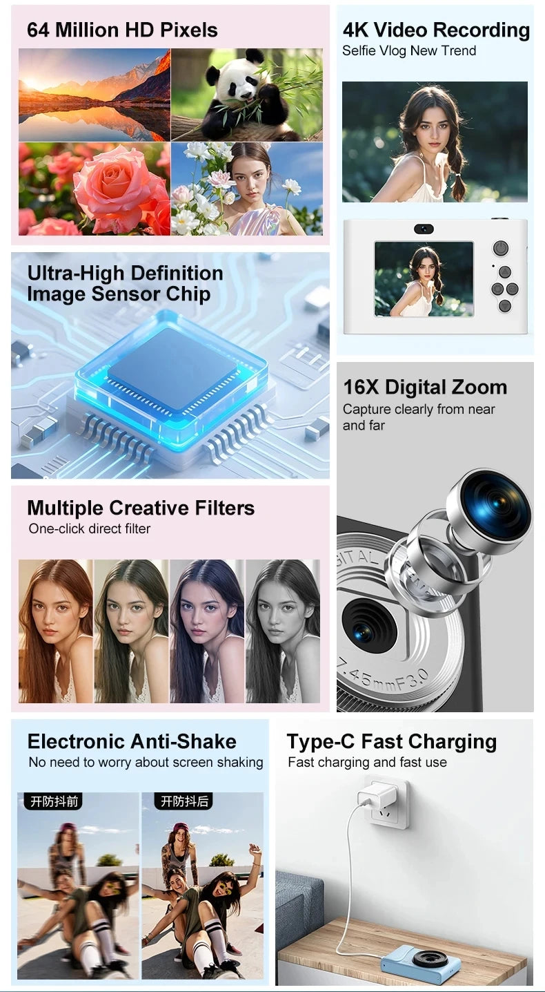 COOL DIER 4K Digital Camera 16x Zoom Camcorder 24 Million Pixels Compact Cameras Auto Focus for Kids Adult Beginners Photograph