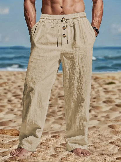 Men's Cotton Linen Long Pants Summer Solid Color Breathable Linen Trousers Male Casual Elastic Waist Casual Pants  Men ﻿