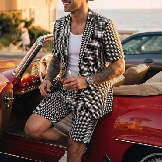 KIDWHXR Men 2-piece Set Summer British Style Turn Down Collar Short Sleeve Blazer Man Straight Short Male Slim Plaid Suit Outfit