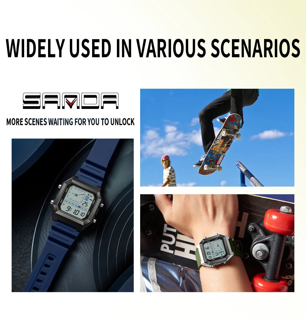 SANDA 6307 Casual Men's LED Electronic Watch Waterproof Sports Alarm Clock Multi functional Student Fashion Electronic Watch