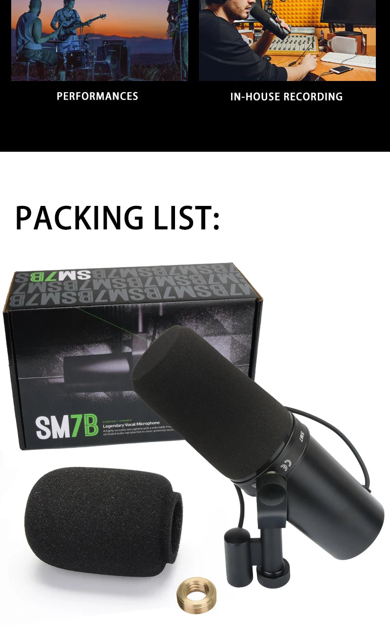 Professional SM7B Dynamic Podcasting Microphone - Studio Broadcast Quality Cardioid Condenser Mic with Shock Mount, SM7dB