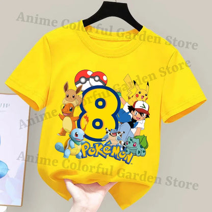 Anime Pokemons Number Printed T-shirts for Boys Girls Pikachu Cartoon Cute Short-sleeved Top Children Summer Fashion T-shirt